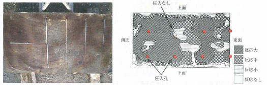 図-5 切断面(2) のE硝酸リチウム呈色反応状況(圧入孔に垂直な断面)