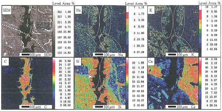 図-8 EPMAによるNa,K,C,SiおよびCaの元素マッピング