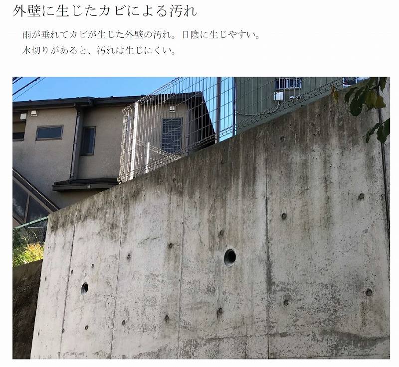 外壁に生じたカビによる汚れ | コンクリート劣化写真 | 一般社団法人コンクリートメンテナンス協会
