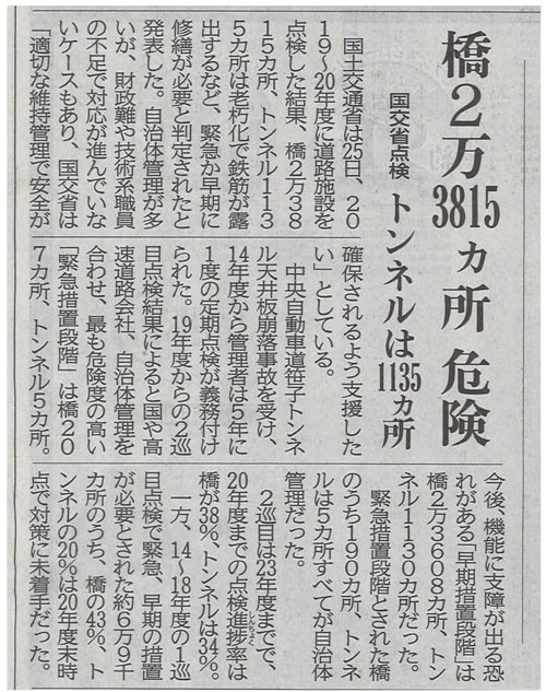 2021年8月26日 中国新聞　国交省点検　橋2万3815ヵ所危険、トンネルは1135ヵ所 | 一般社団法人コンクリートメンテナンス協会